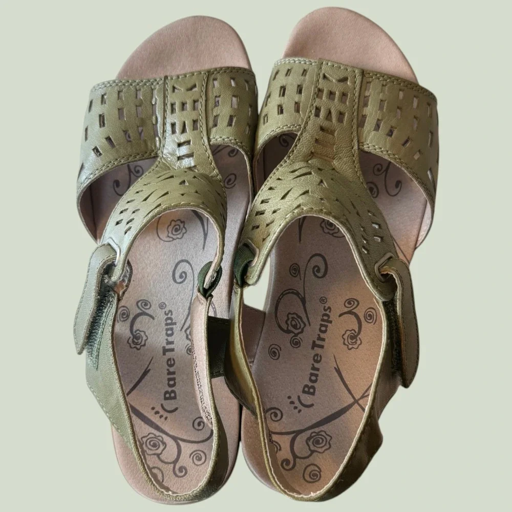 Bare Traps Jordy 6W Olive Green Cutout Leather Slingback Sandals Beach Camp Boho